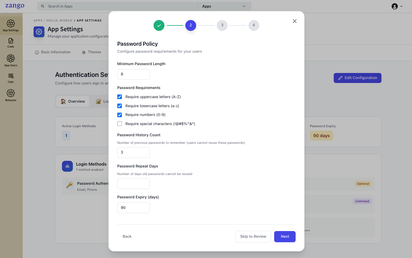 Password Policy Configuration - Shows password policy settings modal with various complexity rules