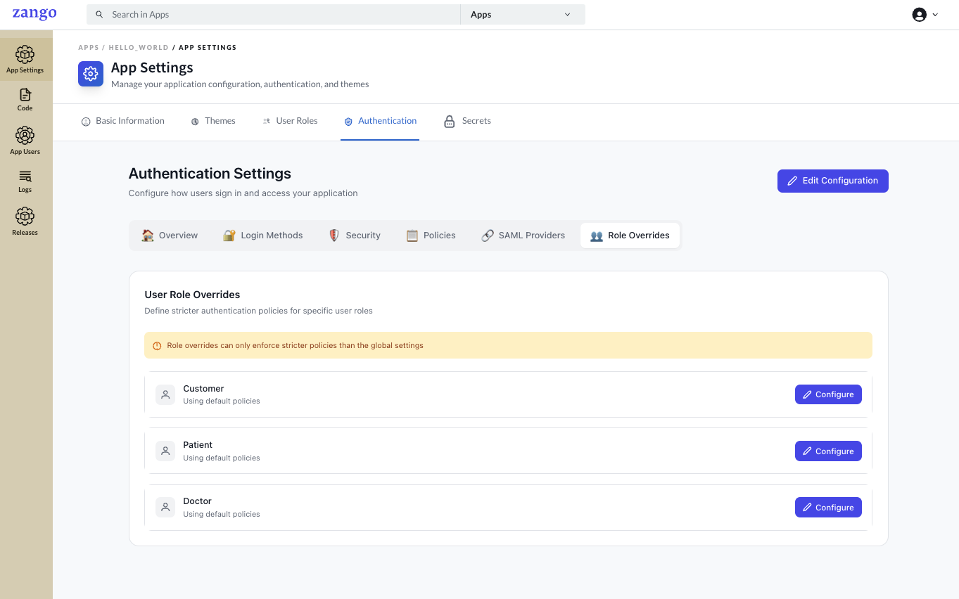 User Role Override Configurations