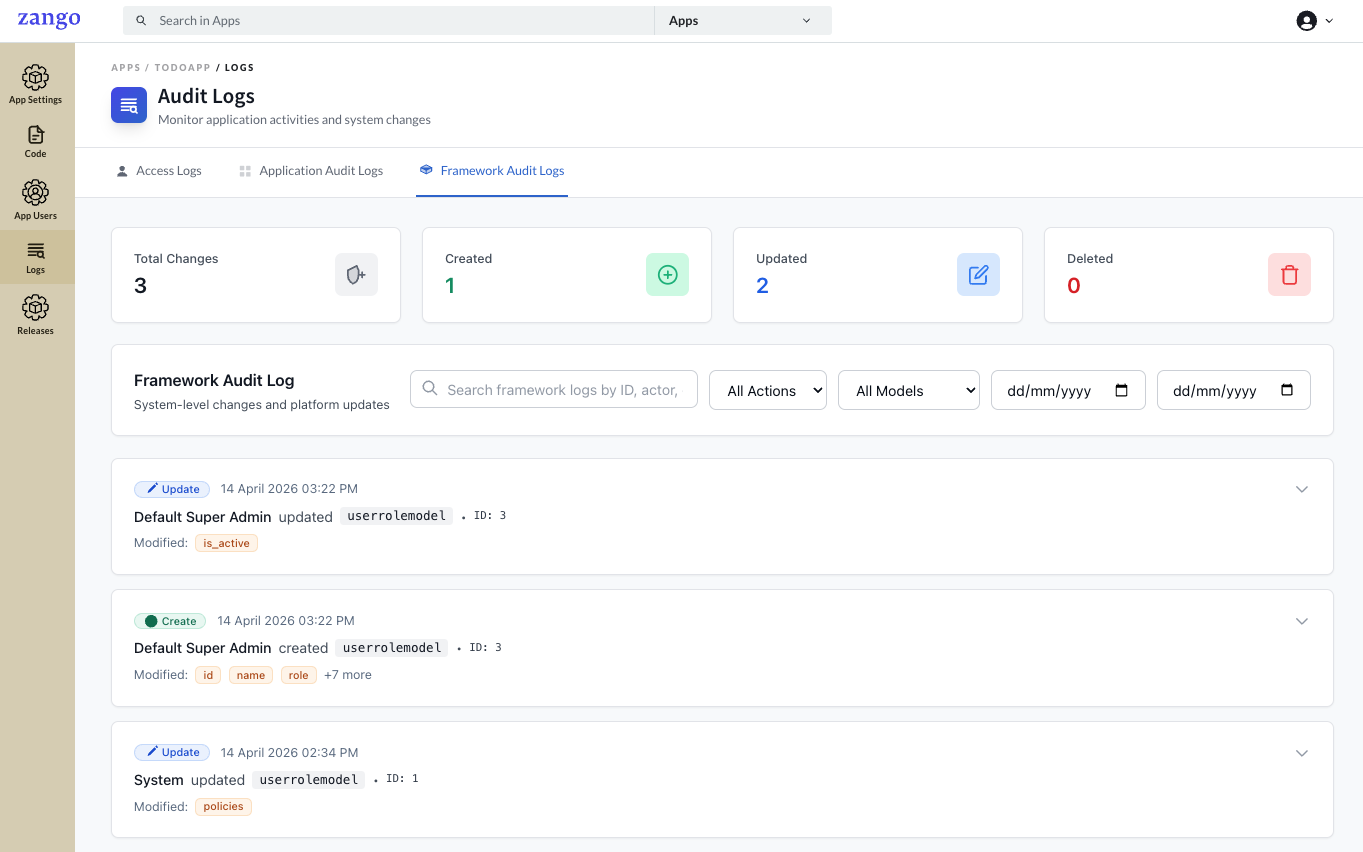 Framework Audit Logs - Detailed log entries